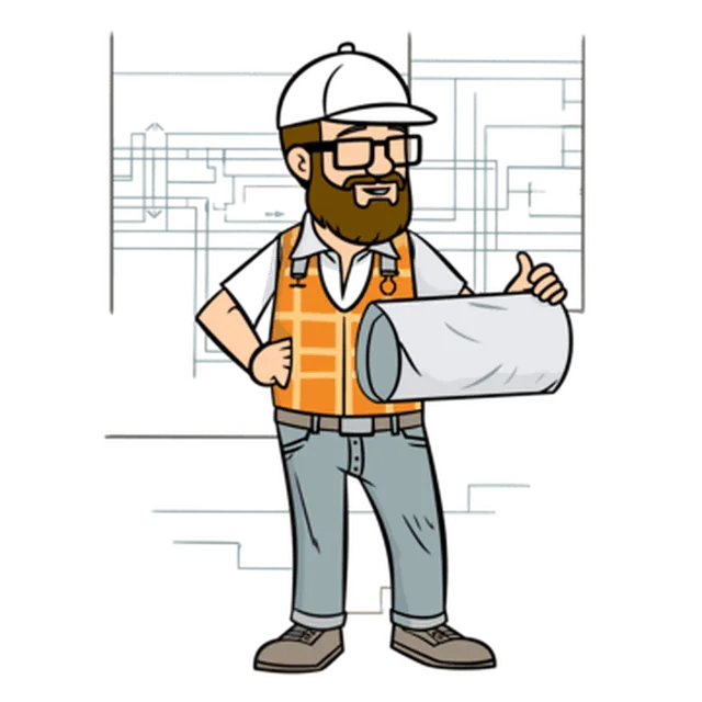 Ilustración de un arquitecto con casco y chaleco sosteniendo planos